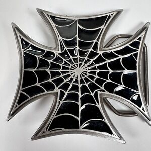 VTG BELT BUCKLE Spiderweb Iron Maltese Cross #4639 Pewter 2003 Black Skulls Goth